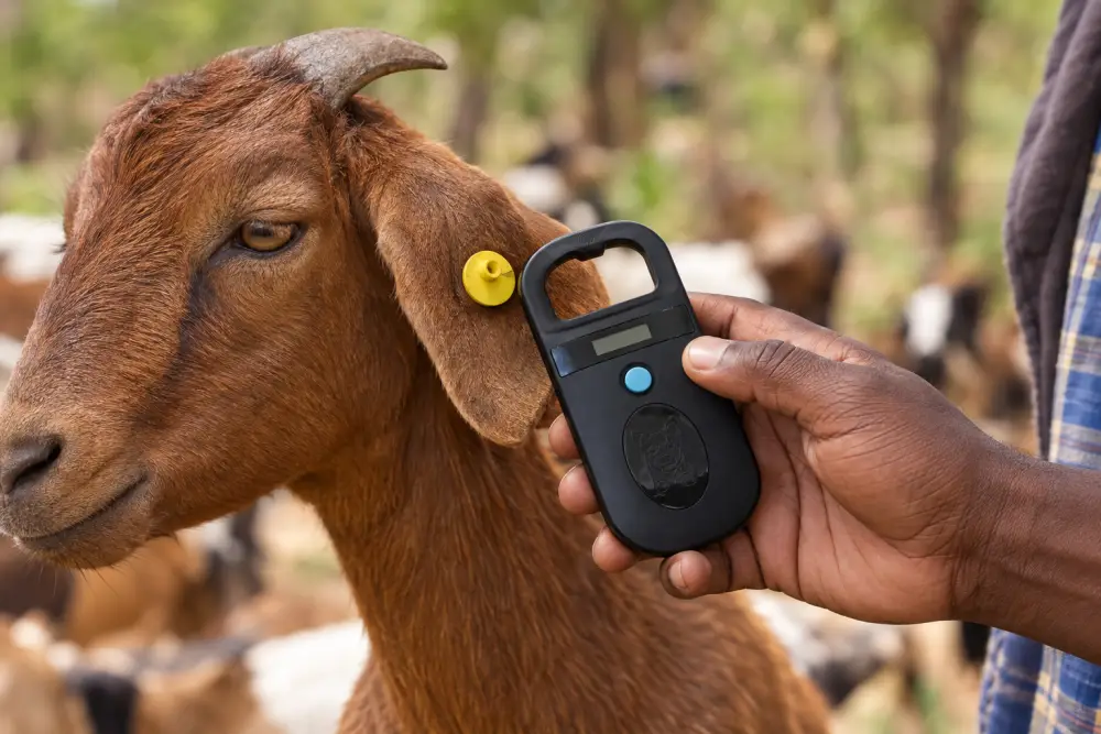 Mkono ukisoma hereni ya njano ya mbuzi kwa kisomaji cha RFID / A hand scanning a goat's yellow ear tag with the RFID reader