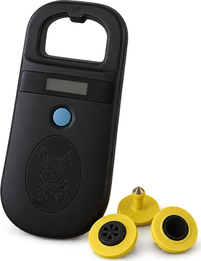 Kisomaji cha RFID na hereni za njano / RFID reader and yellow ear tags